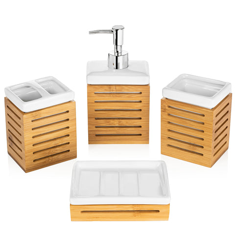 4 Piece Bathroom Accessories Set, Ceramic and Natural Bamboo